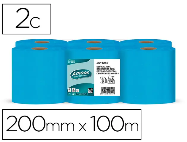 Imagen Papel secamanos amoos 2 capas 200 mm x 100 mt color azul paquete de 6 rollos