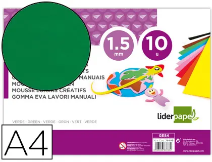 Imagen Goma eva liderpapel din a4 60g/m2 espesor 1,5mm verde paquete de 10 hojas