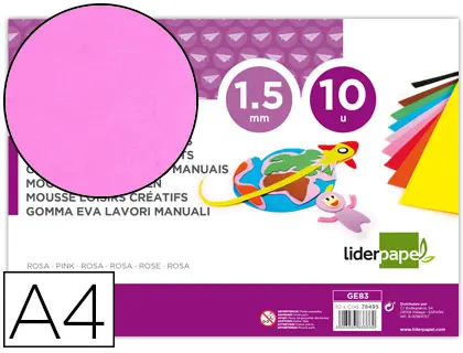 Imagen Goma eva liderpapel din a4 60g/m2 espesor 1,5mm rosa paquete de 10 hojas