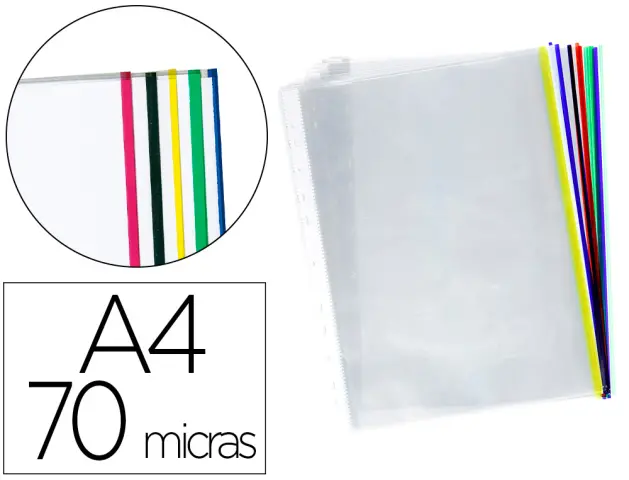 Imagen Funda multitaladro q-connect din a4 70 mc cristal con borde colores surtidos bolsa de 25