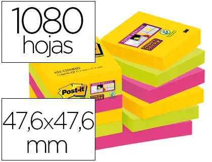 Imagen Bloc de notas adhesivas quita y pon post-it super sticky 47,6x47,6 mm con 90 hojas pack de 12 bloc colores