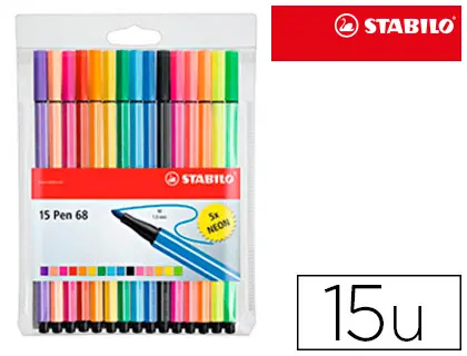 Imagen Rotulador stabilo acuarelable pen 68 estuche de 10 colores estandar + 5 colores neon