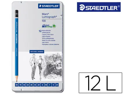 Imagen Lapices de grafito straedtler mars lumograph 100 caja metalica de 12 lapices 8b- 7b-6b-5b-4b-3b-2b-b-hb-f-h-2h