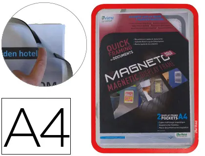 Imagen Marco porta anuncios tarifold magneto din a4 con 4 bandas magneticas en el dorso color rojo pack de 2 unidades