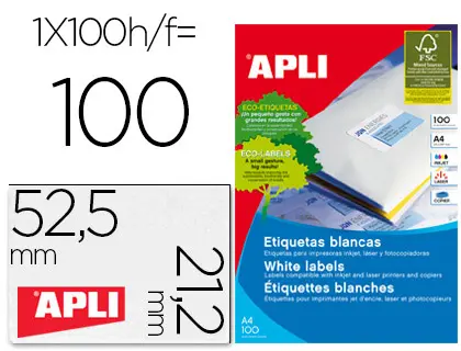 Imagen Etiqueta adhesiva apli 1284 tamao 52,5 x 21,2 mm para fotocopiadora laser ink-jet caja con 100 hojas din a4