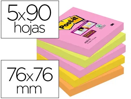 Imagen Bloc de notas adhesivas quita y pon post-it super sticky 76x76 mm con 90 hojas pack de 5 bloc colores surtidos