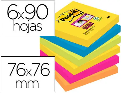 Imagen Bloc de notas adhesivas quita y pon post-it super sticky 76x76 mm con 90 hojas pack de 6 bloc colores surtidos