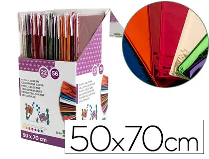 Imagen Papel celofan liderpapel 50x70 expositor 56 bolsas de 5 hojas 8 colores surtidos