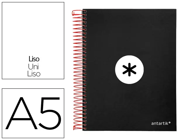 Imagen Cuaderno espiral liderpapel a5 micro antartik tapa forrada 120h 100g liso con bandas 6 taladros color negro