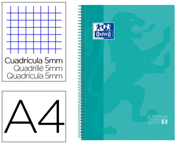 Imagen Bloc espiral oxford tapa extradura microperforado din a4 80 hojas cuadros 5 mm color menta hielo