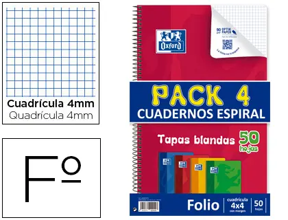 Imagen Bloc espiral oxford tapa flexible optik paper folio 50 hojas 90 gr cuadros 4 mm pack de 4