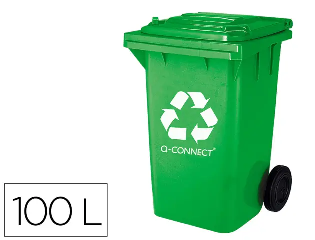 Imagen Papelera contenedor q-connect plastico con tapadera 100l color verde 750x470x370 mm con ruedas