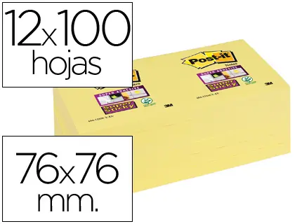 Imagen Bloc de notas adhesivas quita y pon post-it super sticky 76x76 mm con 12 bloc amarillo canario
