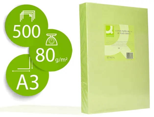 Imagen Papel color q-connect din a3 80gr verde neon paquete de 500 hojas