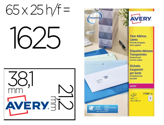 Imagen Etiqueta adhesivas avery din a4 imprimibles transparente 38,1x21,2 mm caja de 25 hojas con 1625 etiquetas