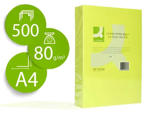 Imagen Papel color q-connect din a4 80gr amarillo neon paquete de 500 hojas