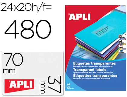 Imagen Etiqueta adhesiva apli 1224 transparentes tamao 70x37 mm para fotocopiadora laser caja 20 hojas con 480 etiquetas