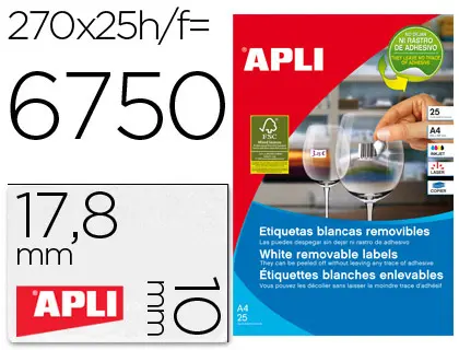 Imagen Etiqueta adhesivas apli 10197 tamao 17,8x10 mm removible para fotocopiadora laser ink-jet caja 25 hojas con