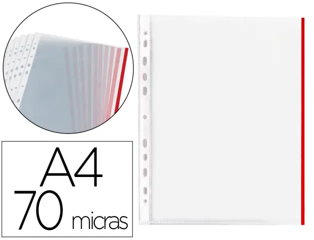 Imagen Funda multitaladro q-connect din a4 70 micras pp cristal con borde rojo bolsa de 10 uds