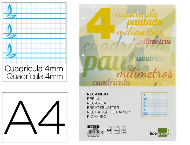 Imagen Recambio liderpapel folio pautaguia 100 hojas 80 g cuadriculado pautado 4 mm con margen 4 taladros