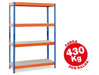 Imagen Estanteria metalica ar storage 200x100x60cm 4 estantes 430kg por estante bandejas de maderasin tornillos azul naranja