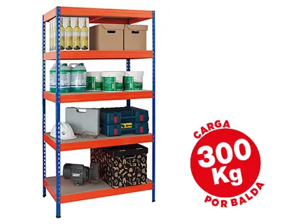 Imagen Estanteria metalica ar storage 192x100x50cm 5 estantes 300kg por estante bandejas de maderasin tornillos azul naranja
