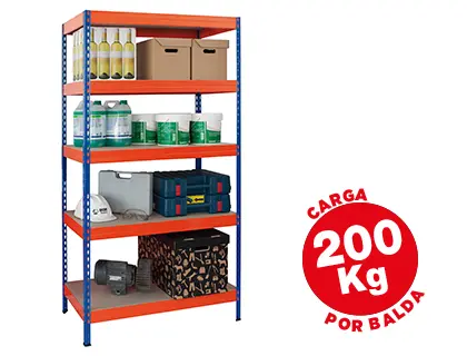 Imagen Estanteria metalica ar storage 180x90x45 cm 5 estantes 200kg por estante bandejas de maderasin tornillos azul naranja