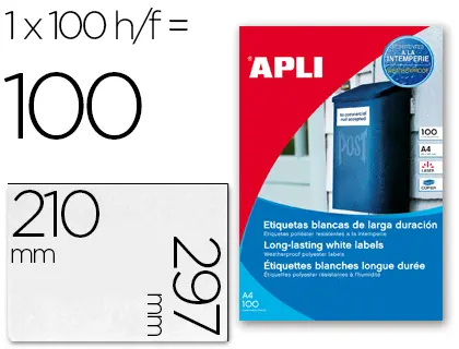 Imagen Etiquetas adhesivas apli 12121 tamao 210x297 mm poliester resistente a la interperie impresion laser