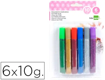 Imagen Purpurina pegamento liderpapel fantasia colores metalicos blister de 6 unidades de 10 gr