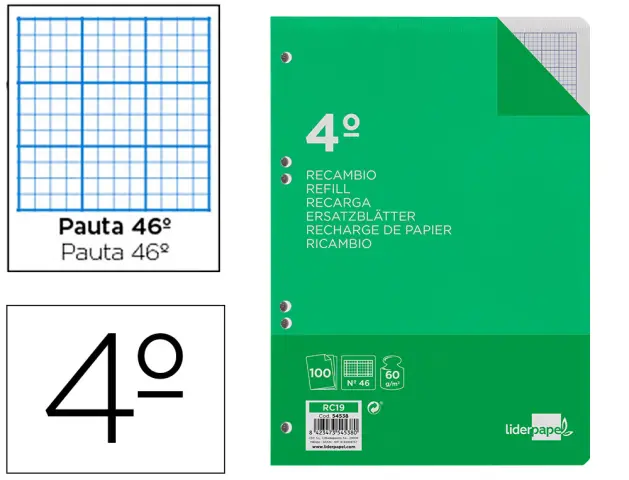 Imagen Recambio liderpapel cuarto 100 hojas 60g/m2 rayado n 46 6 taladros