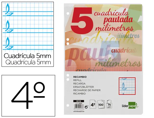 Imagen Recambio liderpapel cuarto pautaguia 100 hojas 80 g cuadriculado pautado 5 mm con margen 6 taladros