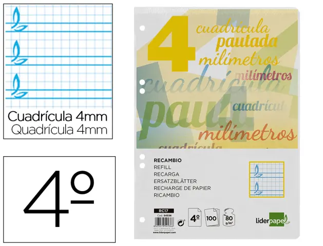 Imagen Recambio liderpapel cuarto pautaguia 100 hojas 80 g cuadriculado pautado 4 mm con margen 6 taladros