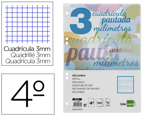 Imagen Recambio liderpapel cuarto pautaguia 100 hojas 70 g cuadriculado pautado 3 mm con margen 6 taladros