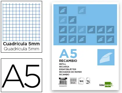 Imagen Recambio liderpapel a5 120 hojas 80g/m2 cuadro 5mm sin margen 6 taladros bandas de 5 colores