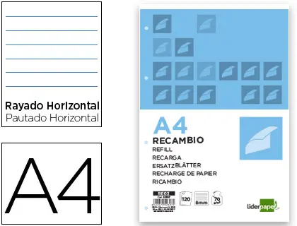 Imagen Recambio liderpapel a4 120 hojas 70g/m2 horizontal sin margen 4 taladros bandas de 5 colores