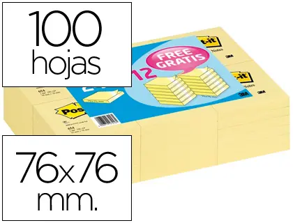 Imagen Bloc de notas adhesivas quita y pon post-it 76x76mm -pack promocional 24+12