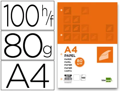 Imagen Papel liderpapel a4 80g/m2 paquete de 100 4 taladros blanco