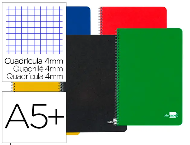 Imagen Cuaderno espiral liderpapel cuarto tapa dura 80h 60 gr cuadro 4mm con margen colores surtidos