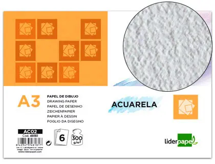 Imagen Papel dibujo liderpapel 297x420mm 300g/m2 acuarela pack de 6