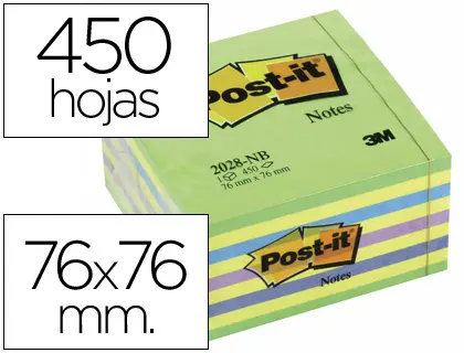 Imagen Bloc de notas adhesivas quita y pon post-it 76x76 mm cubo color azul y verde 450 hojas