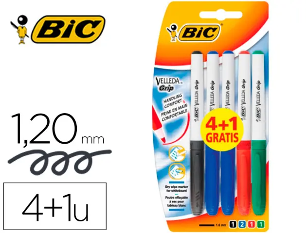 Imagen Rotulador bic velleda grip trazo 1,6 blister 4+1 colores surtidos