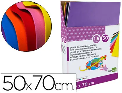 Imagen Goma eva liderpapel expositor de 50 planchasx10 colores surtidos 50x70 cm 1,5 mm espesor