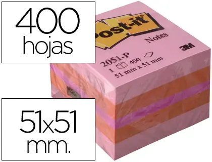 Imagen Bloc de notas adhesivas quita y pon post-it 51x51 mm minicubo color rosa 2051-p 400 hojas