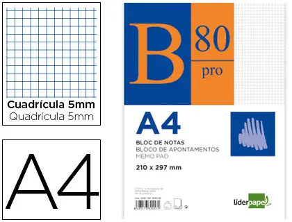 Imagen Bloc notas liderpapel cuadro 5mm a4 80 hojas 60g/m2 encolado