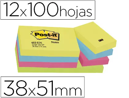 Imagen Bloc de notas adhesivas quita y pon post-it 38x51 mm neon pack de 12 blocs surtido