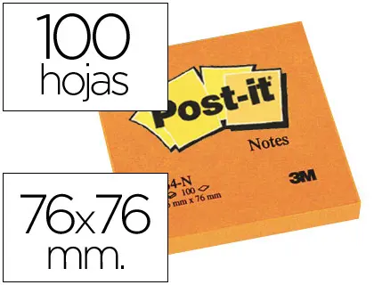 Imagen Bloc de notas adhesivas quita y pon post-it 76x76 mm naranjaneon con 100 hojas