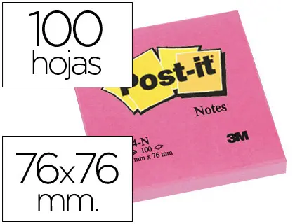 Imagen Bloc de notas adhesivas quita y pon post-it 76x76 mm fucsia neon con 100 hojas
