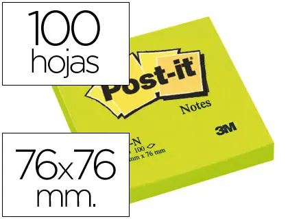 Imagen Bloc de notas adhesivas quita y pon post-it 76x76 mm verde neon con 100 hojas