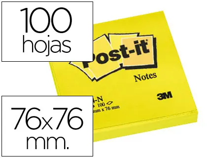 Imagen Bloc de notas adhesivas quita y pon post-it 76x76 mm amarillo neon con 100 hojas