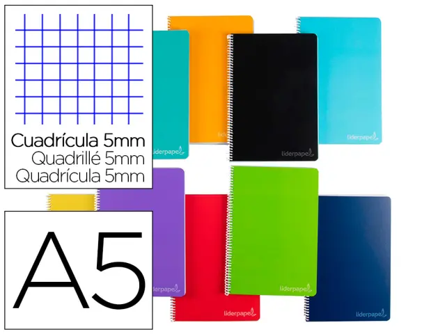 Imagen Cuaderno espiral liderpapel a5 micro witty tapa dura 140h 75gr cuadro 5mm 5 bandas 6 taladros colores surtidos